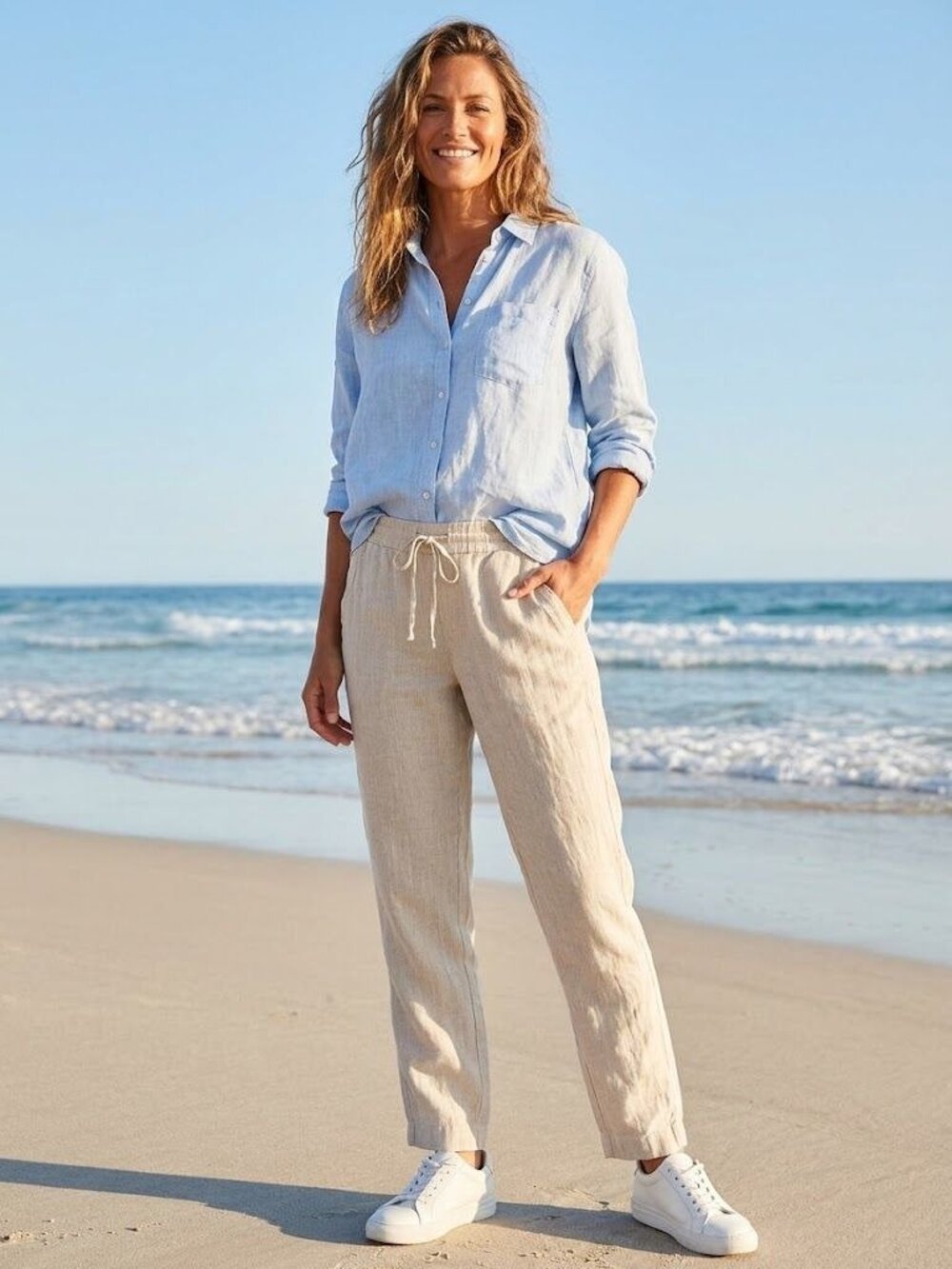 Dalia Womens Beige Linen-Blend Drawstring Pants 10 Relaxed Fit Lightweight